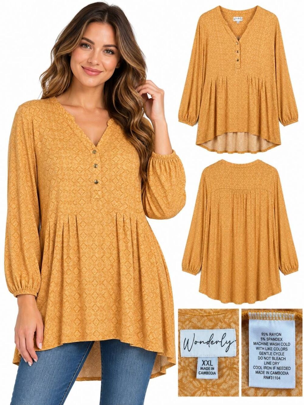 Wonderly XXL Mustard Geometric Babydoll Henley Tunic Top